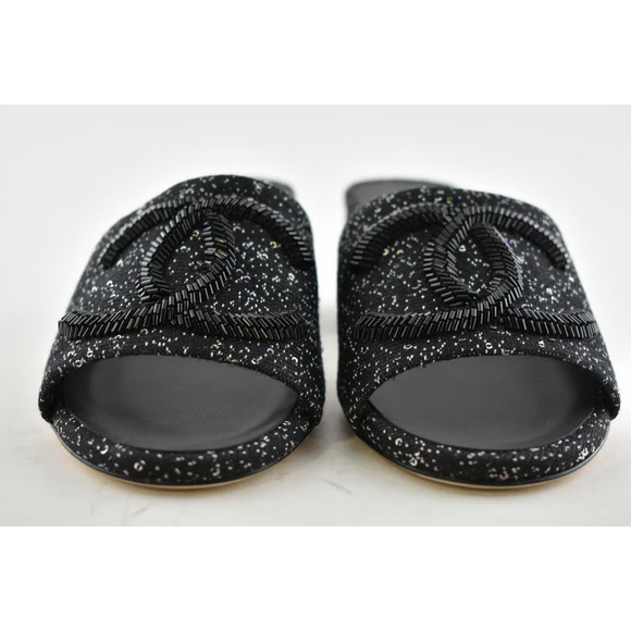 Chanel 19P Black White Fabric CC Logo Backless Slide Mule Sandal Block Heel 35 - Picture 4 of 12